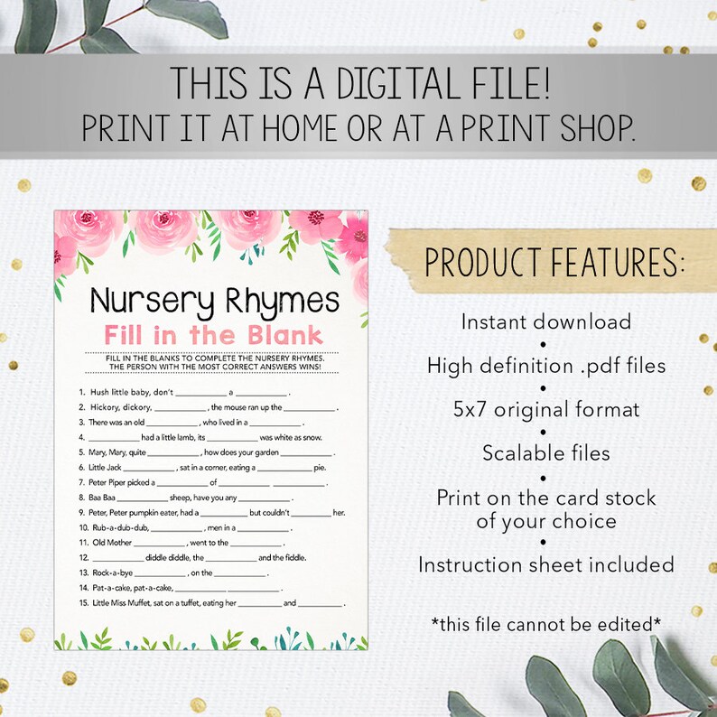 Nursery Rhymes Fill in the Blanks Nursery Rhymes Game Baby Etsy