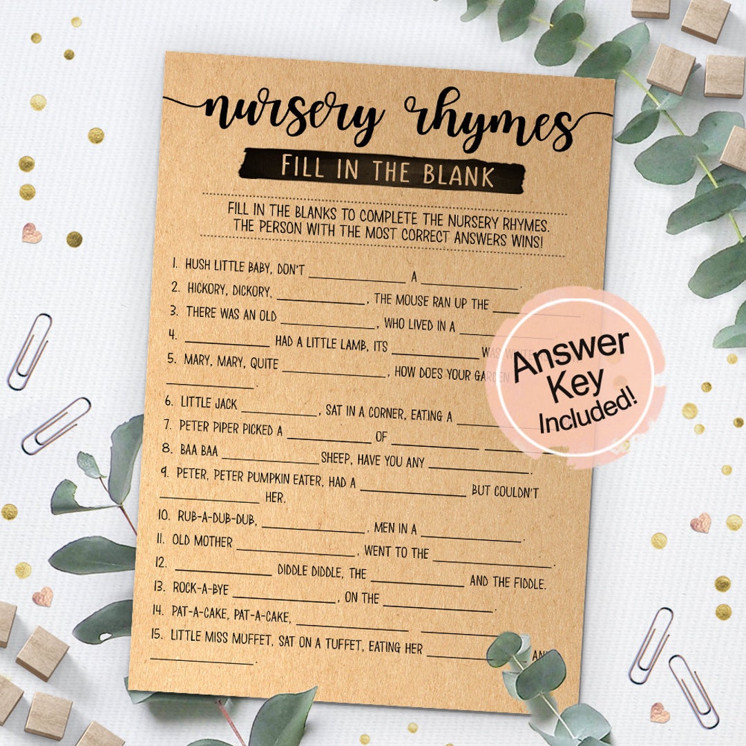 Nursery Rhymes Fill in the Blank, Baby Shower Nursery Rhymes, Baby