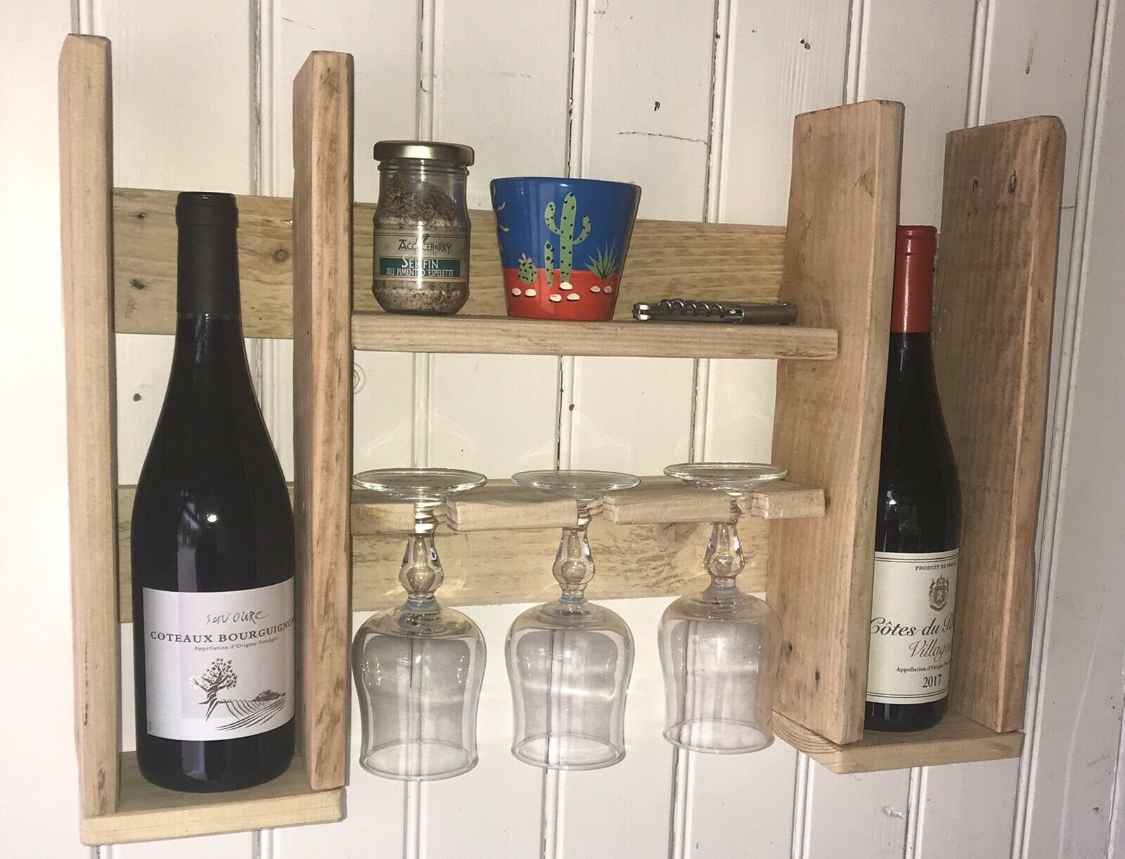 Etagére Pour 2 Bouteilles de Vin et 3 Verres en Bois Palette Recyclée-Création Unique