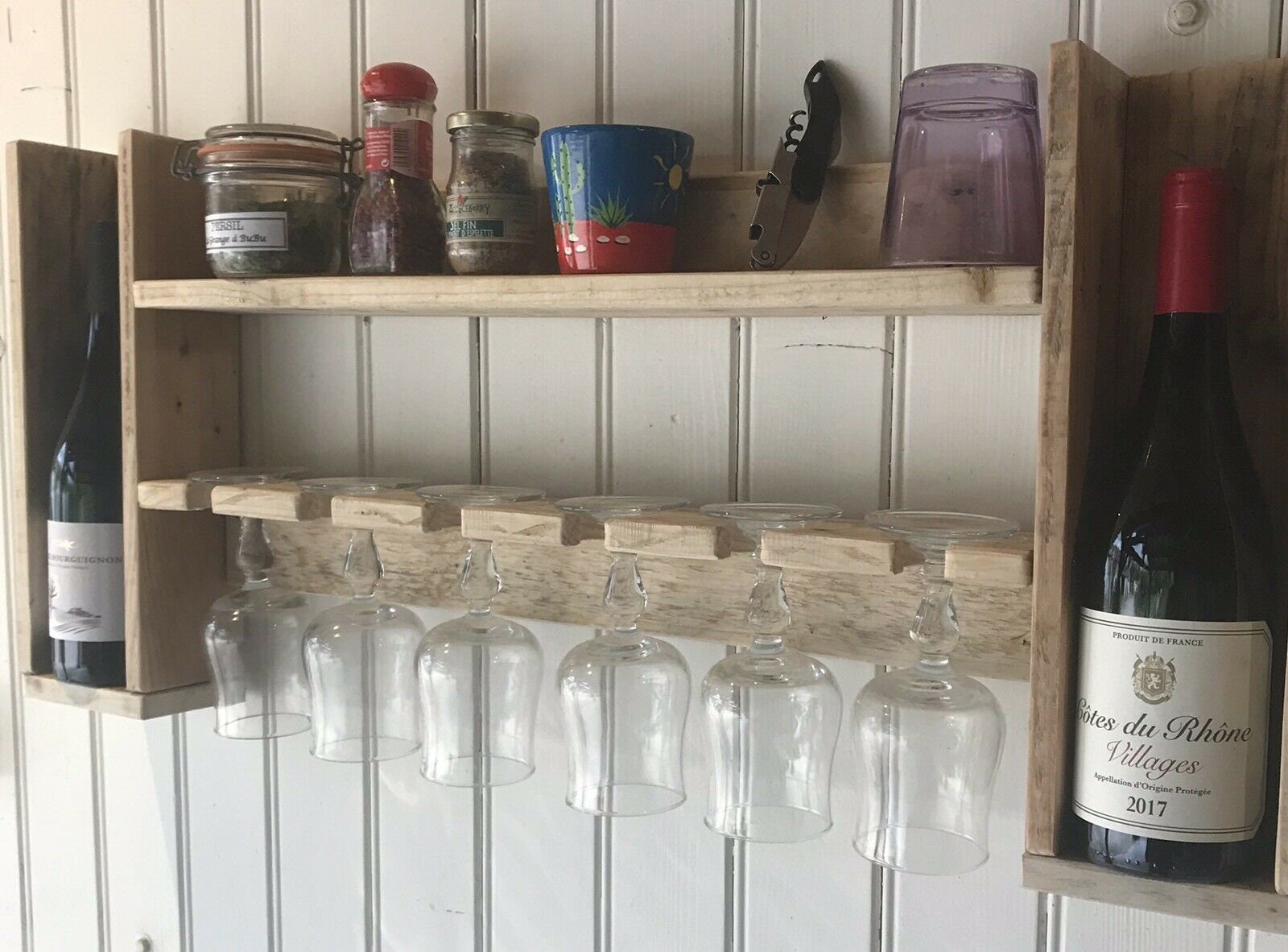 Etagére Pour 2 Bouteilles de Vin et 6 Verres en Bois Palette Recyclée-Création Unique