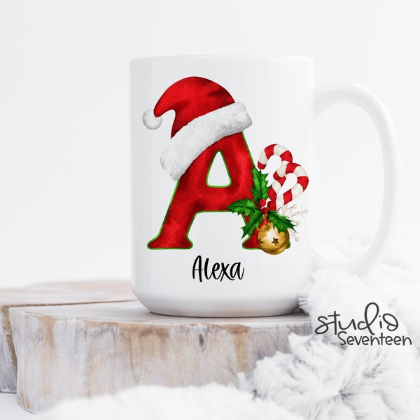 Personalized Christmas Monogram Mug, Customizable Coffee Cup, Coffee Bar Decor, Christmas Gift Idea, Mug with Initial, Secret Santa Gift