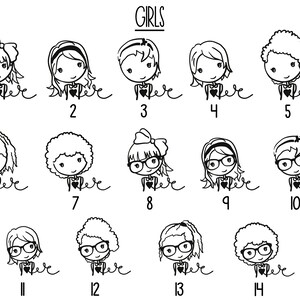 May include: Black and white line art illustrations of 14 different girls with various hairstyles and clothing. The illustrations are numbered 1 through 14.