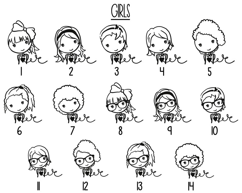 May include: Black and white line art illustrations of 14 different girls with various hairstyles and clothing. The illustrations are numbered 1 through 14.