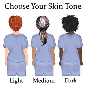 May include: Three illustrations of people with different skin tones, each wearing a light blue shirt and shorts. The text "Choose Your Skin Tone" is at the top of the image. The people are labeled "Light", "Medium", and "Dark".