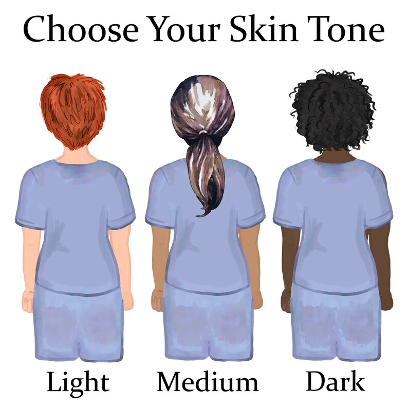 May include: Three illustrations of people with different skin tones, each wearing a light blue shirt and shorts. The text "Choose Your Skin Tone" is at the top of the image. The people are labeled "Light", "Medium", and "Dark".