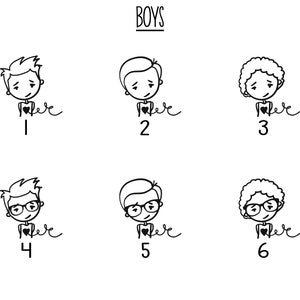 May include: Black and white line drawing illustration of six boys with different hairstyles and expressions. Each boy is holding a heart with the word "love" written below it. The boys are numbered 1 through 6.