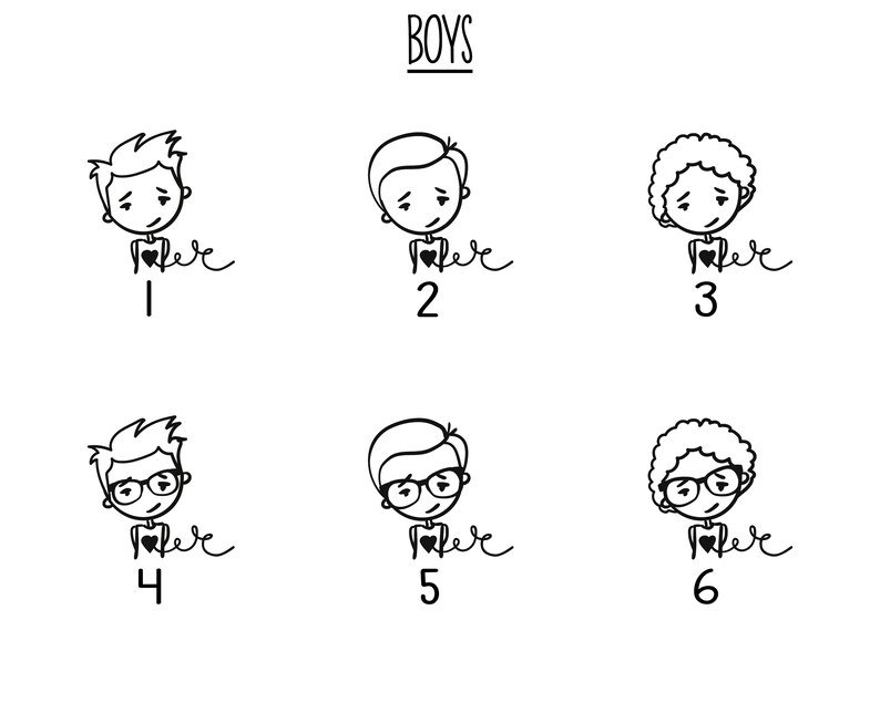 May include: Black and white line drawing illustration of six boys with different hairstyles and expressions. Each boy is holding a heart with the word "love" written below it. The boys are numbered 1 through 6.