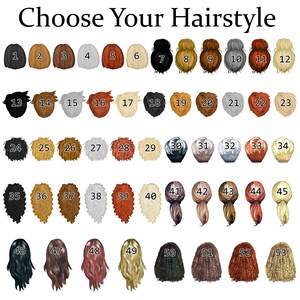 May include: A chart with 53 different hairstyles for women, numbered 1 through 53. The hairstyles are shown from the back, and each one is a different style and color.