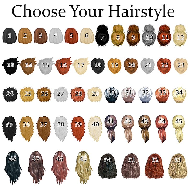 May include: A chart with 53 different hairstyles for women, numbered 1 through 53. The hairstyles are shown from the back, and each one is a different style and color.