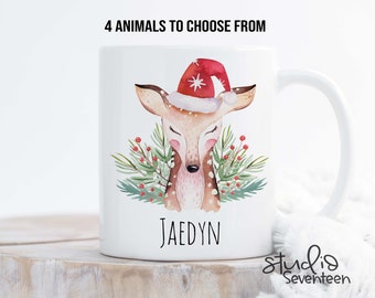 Custom Kids Hot Cocoa Cup, Christmas Woodland Animal, Personalized Hot Chocolate Mug, Secret Santa Idea, Stocking Stuffer, Hot Cocoa Party