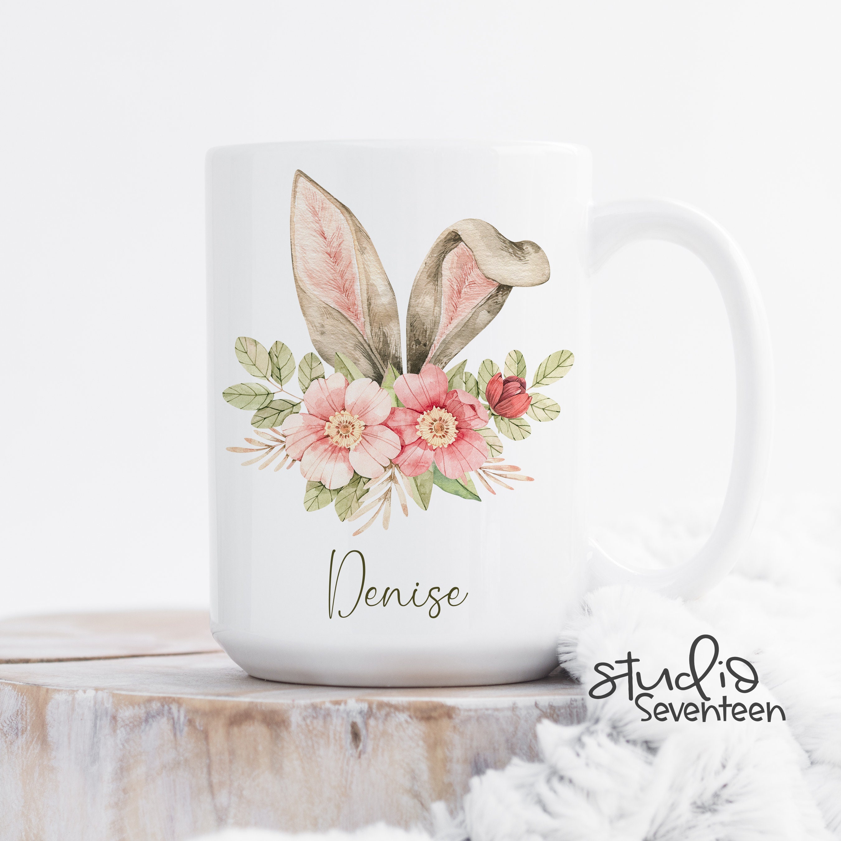 Easter Floral Bunny Ears Mug, Personalized Easter Bunny Mug, Floral ...