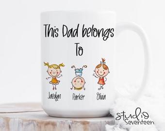 Personalized Dad Coffee Mug With Kids Names, This Dad Belongs To, Custom Birthday Gift idea, Father's Day Gift From Kids, Stick Figures