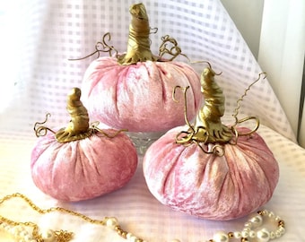 Set 3 Pink velvet pumpkins Tiered tray decor Fall wedding decor