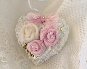 Shabby Chic Fabric Heart Ornament: Handmade Rose Door Decor