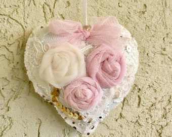 Sahabby chic hanging ornament Mini heart pillows  Lacy hearts gift