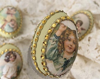 Wooden Decoupage Easter Egg Rhinestone Embellished Shabby Chic Gift Vintage Style Home Decor