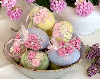 Handmade Wooden Easter Eggs: Floral Lace Decorated Eggs, Set of 10