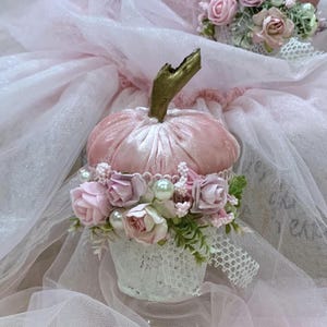 Mini pink velvet pumpkins in a pot Shabby chic vanity Tiered tray decor halloween