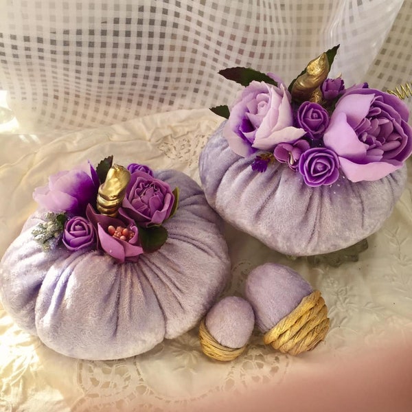 2 Purple Velvet pumpkins Velvet acorns Fall wedding decor