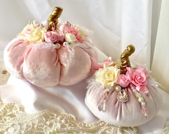 Set 2 Dusty rose Velvet pumpkins Pink pumpkin   Fall wedding decor