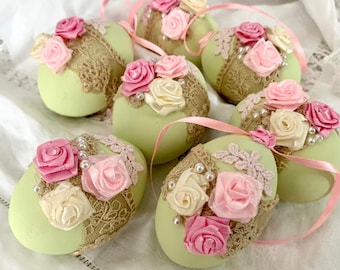 Set 7 Handmade Wooden easter eggs  Decorated eggs Pastel easter eggs