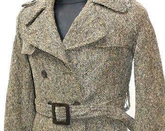 Wool Trench Coat Women: Vintage 80s Finnish Tweed, Brown Belted Small