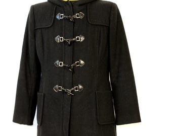 BURBERRY BRIT Black Wool Womens Duffle Coat With Check Hood