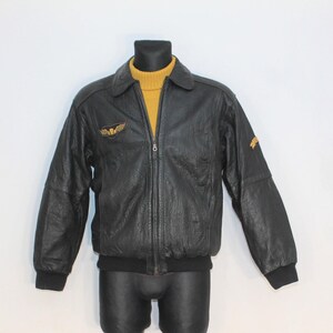 Vintage 80s Black Sheepskin Leather Flight Bomber Jacket Men's Medium Aviator Military Style