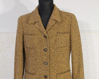 tweed jacket Women, vintage Wool Blazer, Tan brown Wool Jacket, Wool tweed blazer, Brown Safari Jacket, Minimalist Jacket Women Size Medium