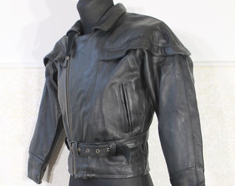 Motorcycle Jacket, Biker Jacket, vintage leather jacket, Black leather jacket, motor jacket Size Small, Belted jacket, rocker leather jacket