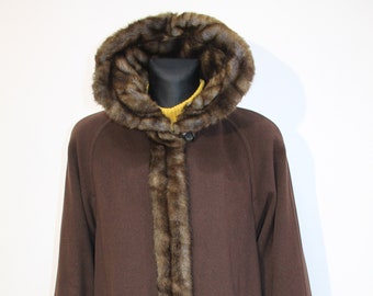 Kaschmirmantel Damen / Penny Lane Mantel Vintage / Shearling Mantel Wolle & Kaschmir Damen Kapuze Mid Long Braun Mantel Kunstfell Kragen Größe Medium