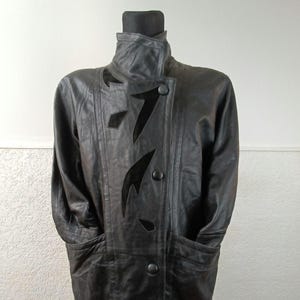 patchwork leather coat: Black Sheepskin, Long Trench, Vintage Style, Women’s Outerwear