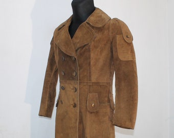 Leather Trench coat, Vintage leather coat, british coat, Suede trench coat, Brown patchwork coat, Double breasted coat, overcoat US Medium