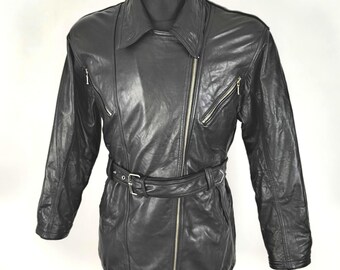 Black Leather Jacket Women Medium 80s Vintage Style with Belted Waist