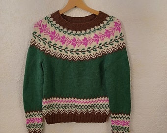 vintage icelandic jumper, Handmade jumper cardigan, wool jumper, pure wool jumper, fair isle jumper, vintage green jumper, chunky jumper S