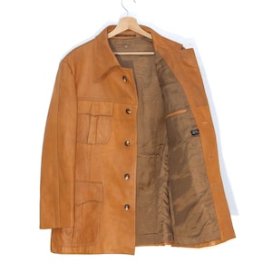 Vintage 70s Tan Safari Leather Jacket for Men - Genuine Brown Retro Outerwear, Size Medium