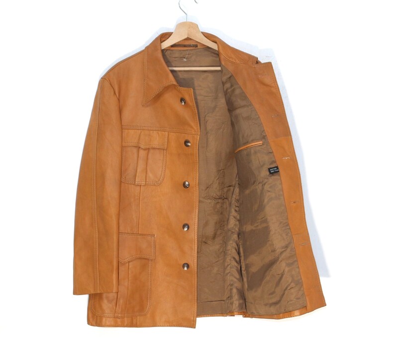 Vintage 70s Tan Safari Leather Jacket for Men - Genuine Brown Retro Outerwear, Size Medium