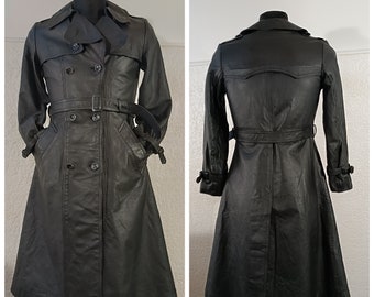 80s Vintage Gothic trench coat, Steampunk coat,black leather coat, detective coat, leather long coat, punk coat, belted coat Size 36 Small