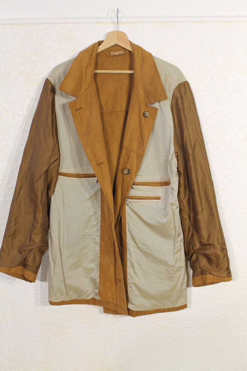 Vintage Bugatti Safari Jacket for Men - Tan Brown Minimalist Trench Coat, Casual Outerwear, Medium Size
