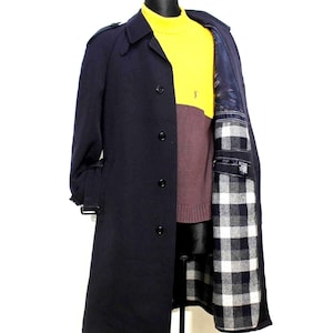 Trench-coat en laine pour homme, bleu marine, style vintage années 80, doublure à carreaux, taille L, ceinture incluse