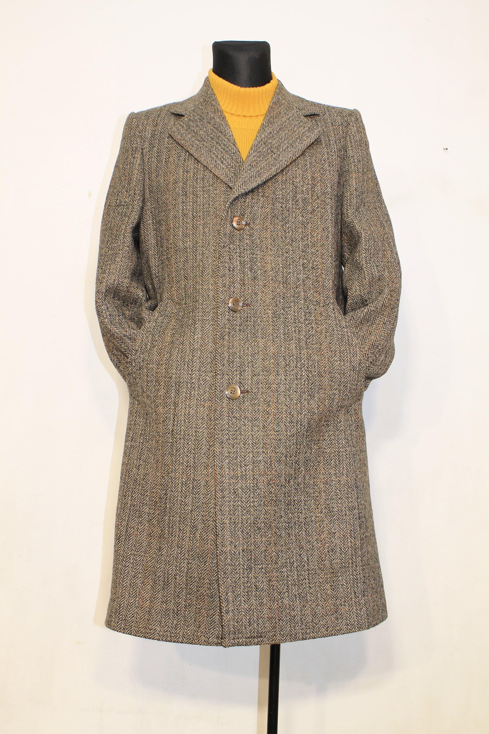 Wool Coat Vintage Men Brown Cheviot Tweed 70s Scottish Overcoat