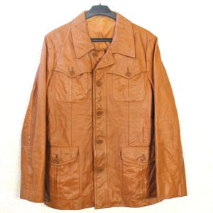 Vintage 70s Safari Leather Jacket - Tan Casual Buttoned Spring Trench Coat for Men, Size M