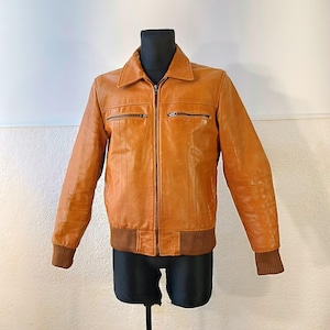 Veste en détresse, veste en cuir Tan hommes, veste de moto brune, veste Safari vintage, veste en cuir Zip, veste vintage des années 80 taille L