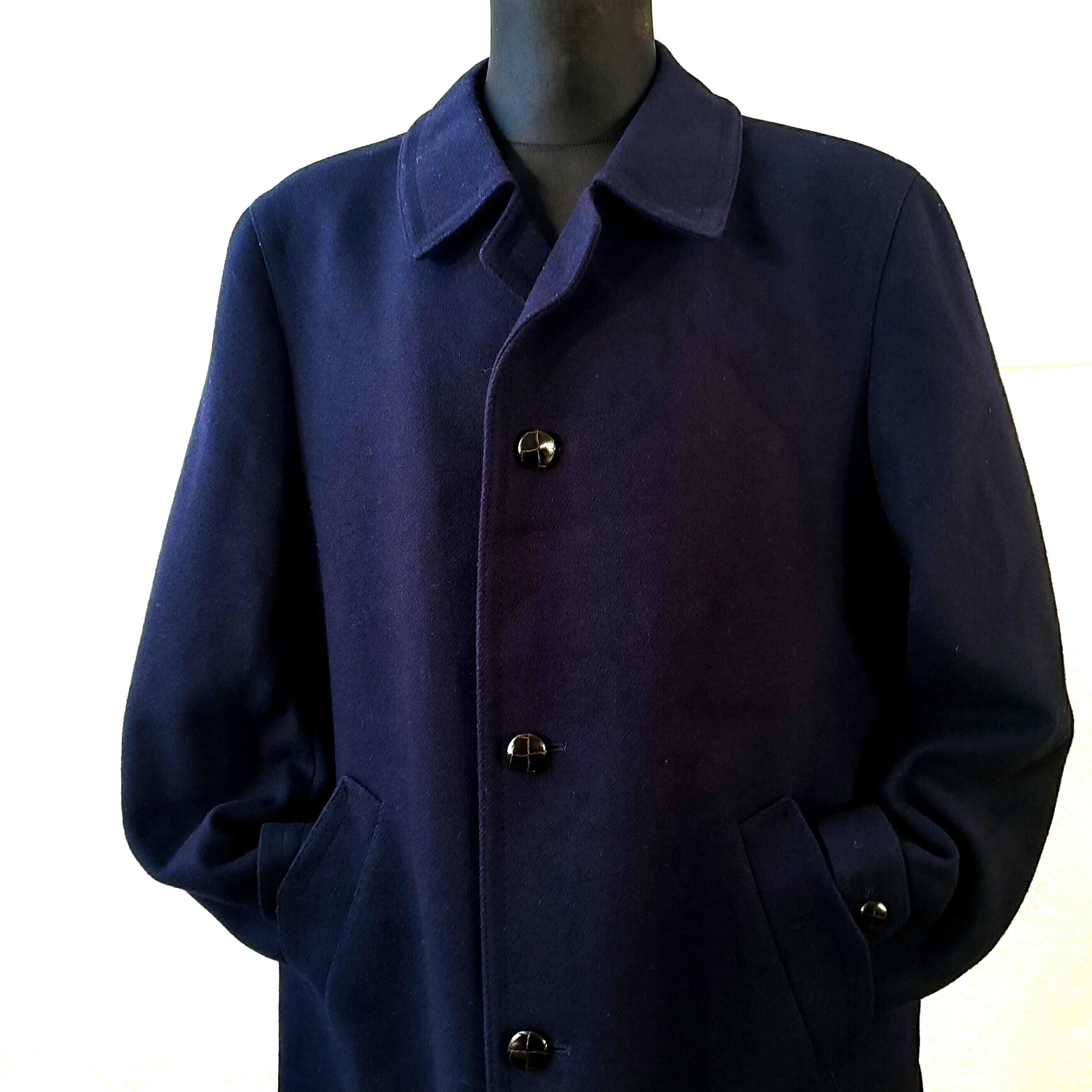 Navy Wool Coat Men, Vintage Overcoat With Plaid Liner, Long  display picture 1
