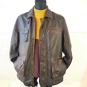 Vintage Leather Jacket Brown Motorcycle Style - Distressed Safari Trench, Medium Large Size 52