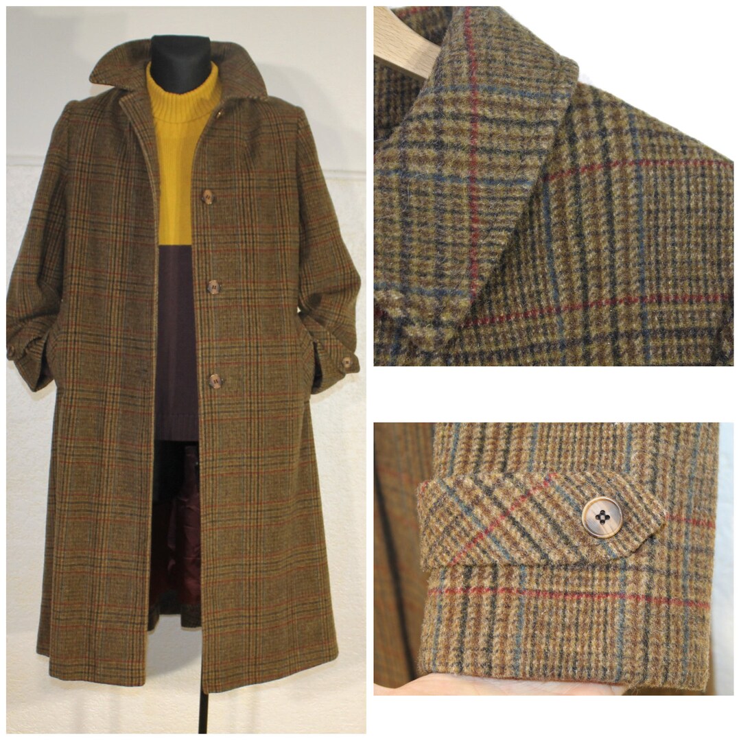 Vintage Tweed Coat Women, Brown Wool Coat, Checkered Coat, Wool