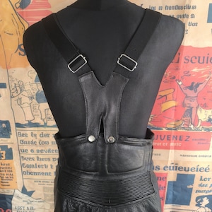 Black Biker Overalls Women Vintage Leather Pants, Black High-Waist Motorcycle Style, 40 Large Size