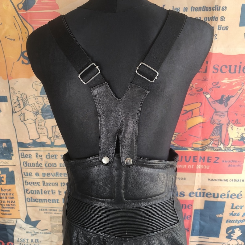 Black Biker Overalls Women Vintage Leather Pants, Black High-Waist Motorcycle Style, 40 Large Size