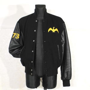 Vintage Swedish Leather Letterman Jacket - Black Wool Varsity Bomber, Large Size Maskinen