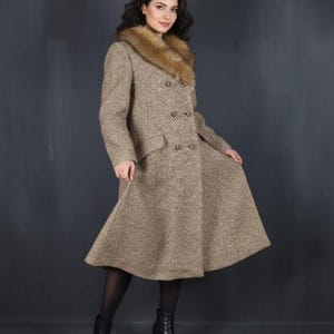 Tweed Coat Women Small: Vintage Double-Breasted Wool with Natural Fox Fur Collar